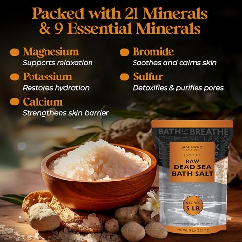 Aromasong Raw Dead Sea Bath Salt - Minimally Cleaned, Contains More Dead Sea Minerals Including Dead Sea Mud - 100% Pure & Natural Dead Sea Salts for Soaking 5 LB - Bulk Resealable Pack