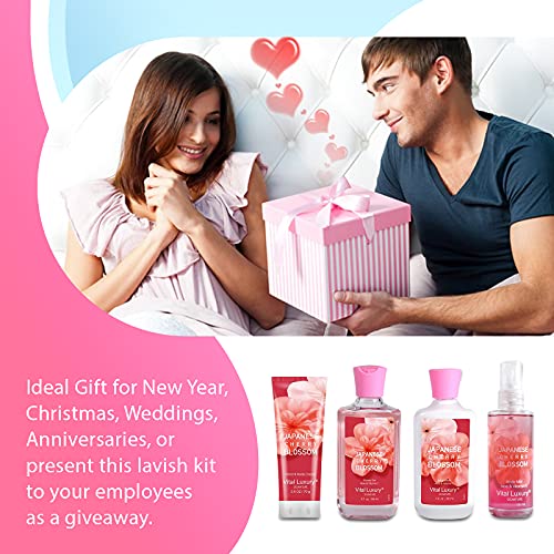 Bath and Body Care Gift Set for Women and Girls, Personal Self-Body Care Travel Set, Japanese Cherry Blossom Spa Home Set with Natural Extracts, 4 Pack - Shower Gel, Body Lotion, Body Mist, Hand Cream