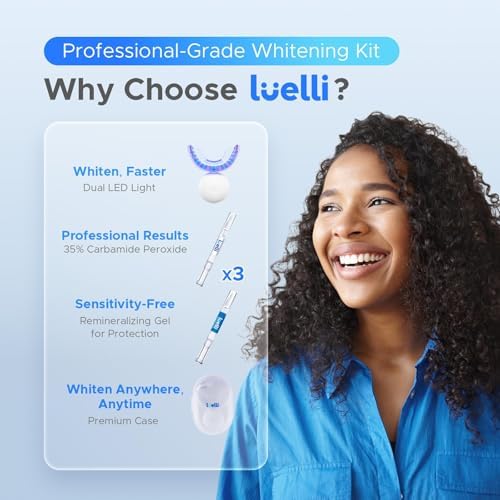 Luelli Teeth Whitening Kit with 35% Carbamide Peroxide - Teeth Whitener for Sensitive Teeth | Enamel Safe - 32 LED Lights - Wireless with Tray and Whitening Gel Pen for Home | Travel (Cool Mint)