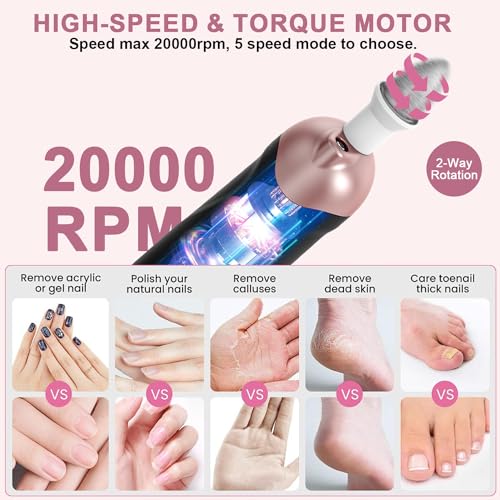 Professional Manicure Pedicure Kit, 9 in 1 Cordless Nail Drill with 100 pcs Nail Drill Bits Sanding Bands, Nail Grinder for Human, 5 Speeds, Nail Dremel Kit for Home and Salon Use