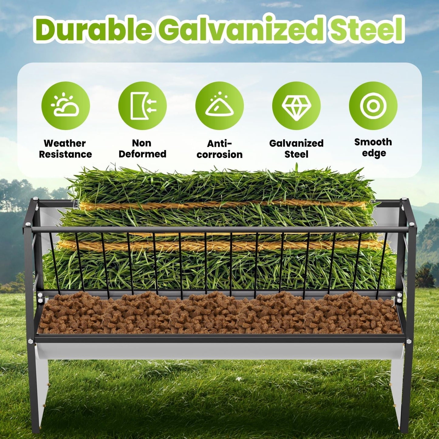 60 Gallon Feeder, Durable Galvanized Steel Pasture Feeder, Non - Deformed for Horses, Cows, Pigs in Outdoor Pasture, Farm Field, Animal Enclosure