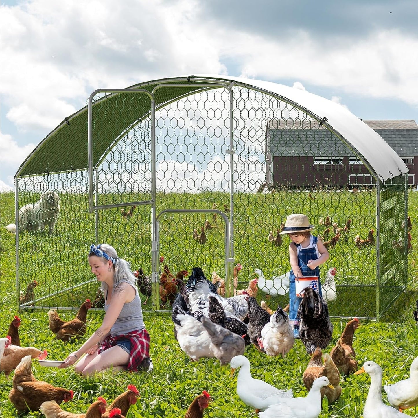 M optimized Large Metal Chicken Coop, Doom Roof Chicken Pen, Wire Mesh Chicken Run with Double Door & Waterproof Cover, Duck Rabbit House Outdoor, 9.8' x 6.5' x 6.5'