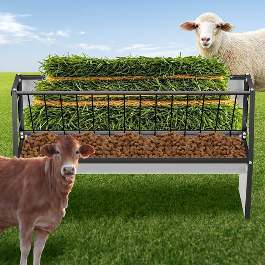 60 Gallon Feeder, Galvanized Steel Livestock Hay Feeder with 35 & 25 Gallon Compartments, Ideal for Goats, Cows in Outdoor Pasture, Ranch, Stable