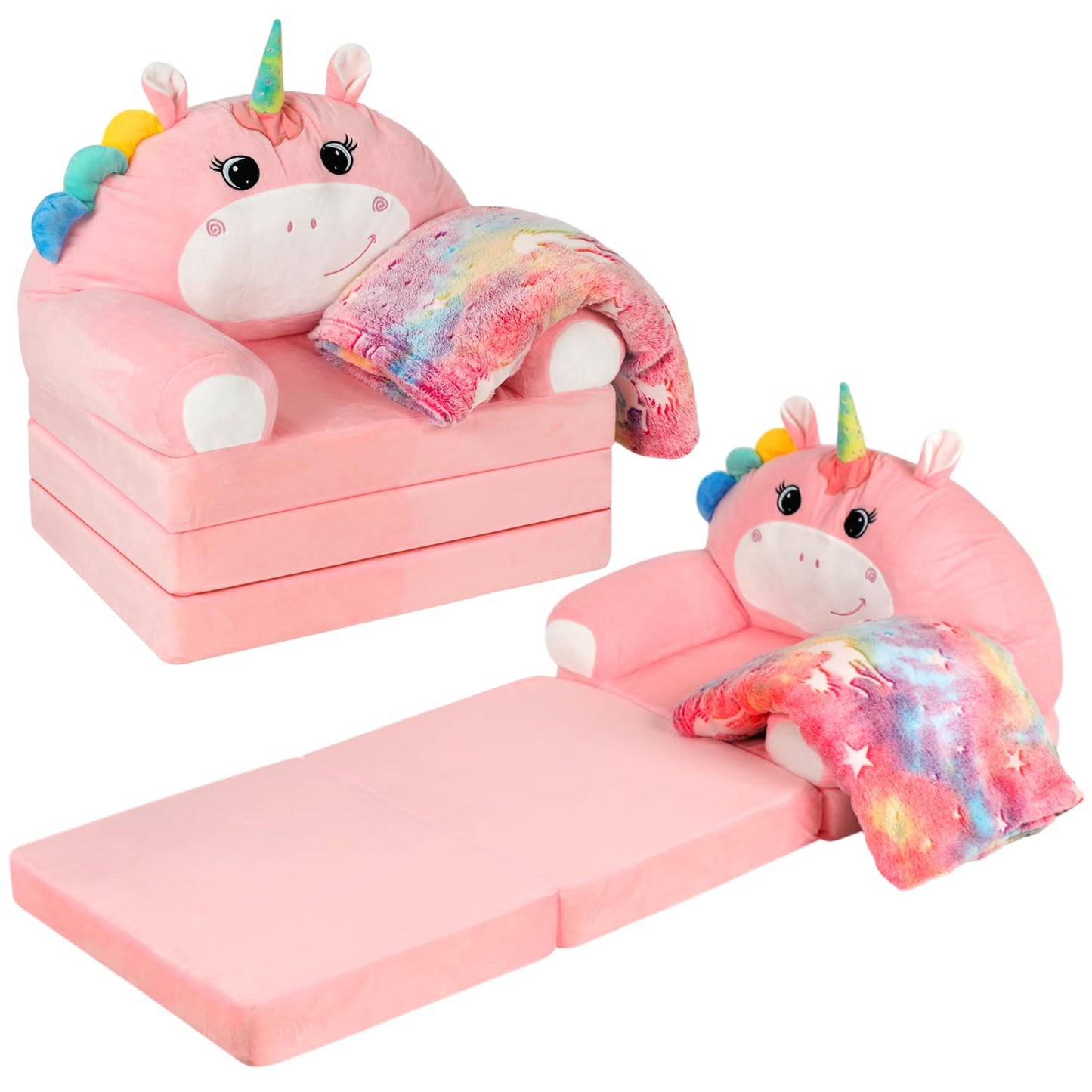 Burbell Toddler Chairs Comfy Unicorn Toddler Couches That Fold Out with Blanket 2-in-1 Kids Fold Out Couch Velvet Child Foldable Convertible Sofa to Lounger for 1-7 Years Old (Pink)