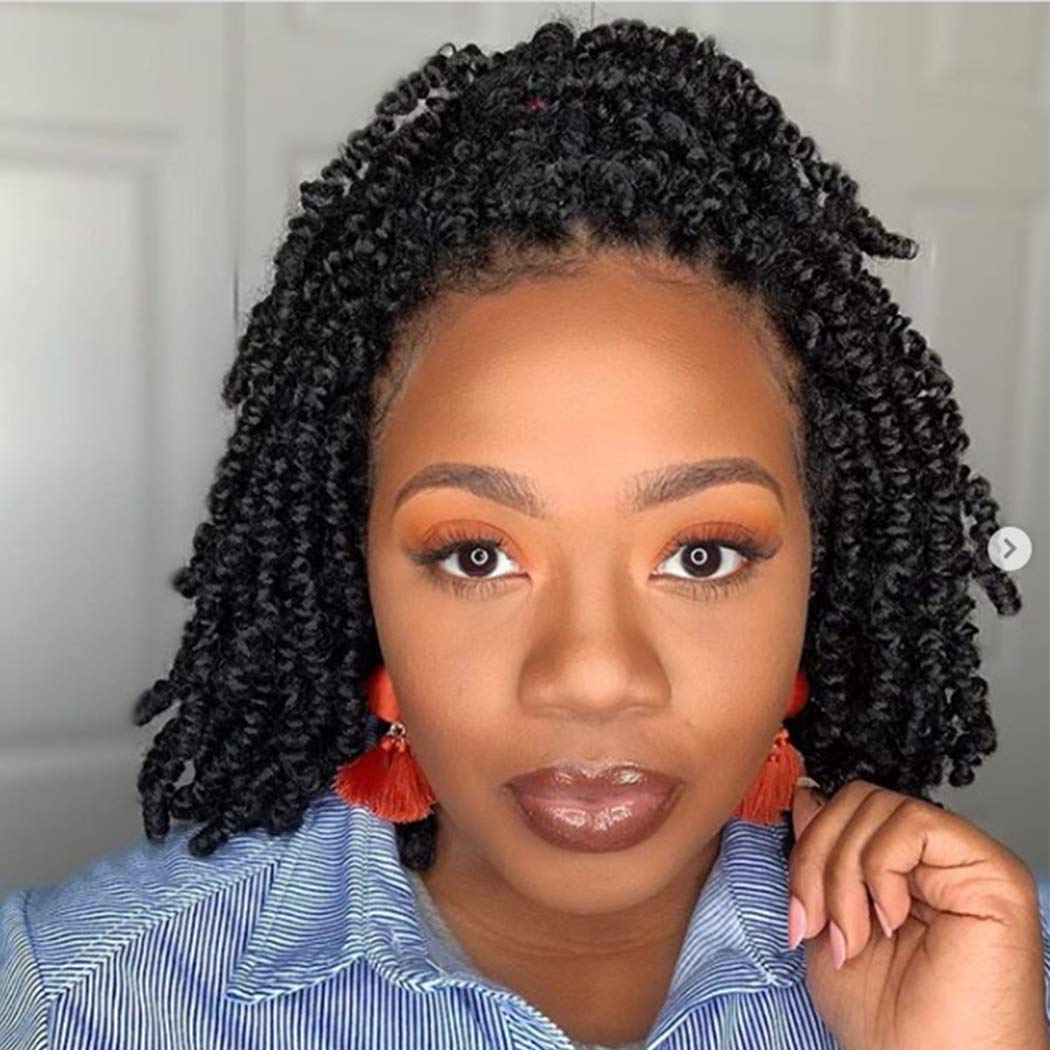 Dorsanee Pre-twisted Spring Twist Crochet Hair 8 Inch 4 Packs Short Curly Crochet Hair Pre Looped Crochet Braids Mini Passion Twists Fluffy Twist Synthetic Hair Extensions (8 Inch,1B#)
