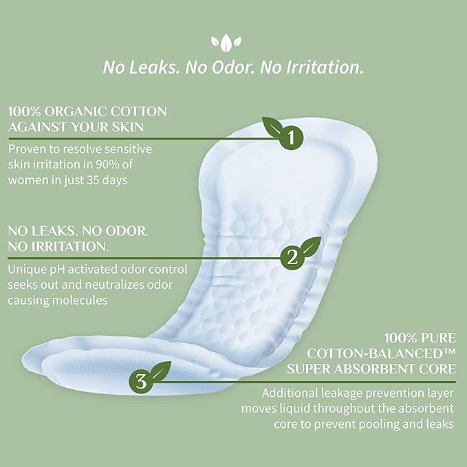 Organyc - 100% Organic Cotton Inside and Out Incontinence Pads for Bladder Leaks - Certified Odor Control, FSA/HSA Eligible, Moderate Flow, Regular Absorbency, 20 Count…
