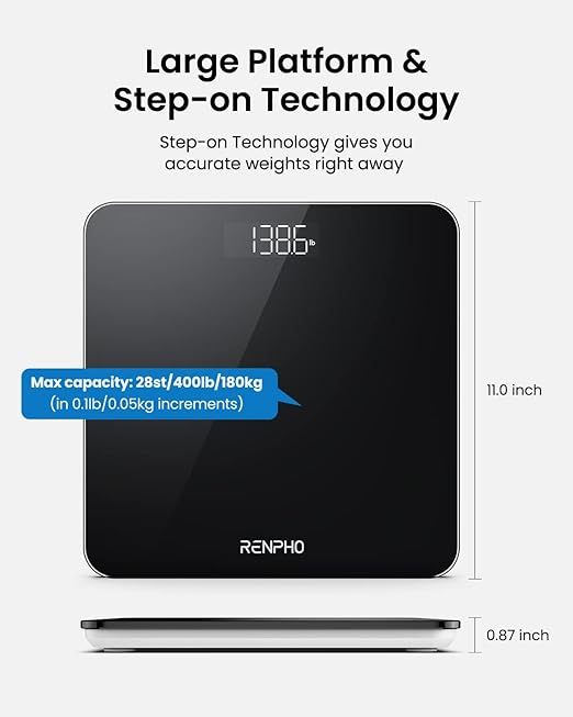 RENPHO Digital Bathroom Scale, Highly Accurate Core 1S Body Weight Scale with Lighted LED Display, Round Corner Design(11"/280mm, Black)