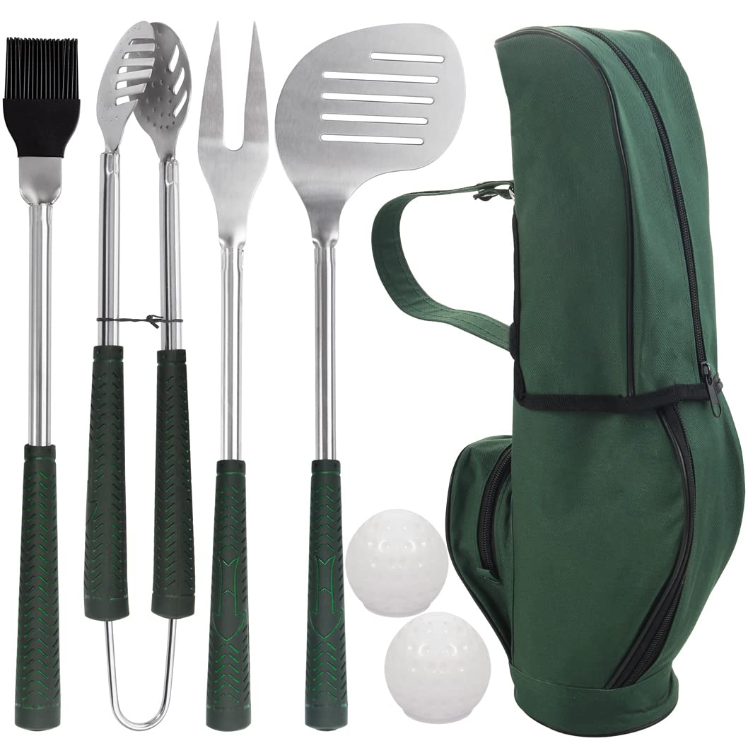 POLIGO 7PCS Golf-Club Style BBQ Tools Set Grilling Tools with Rubber Handle - Stainless Steel Grill Accessories for Outdoor Grill Set Premium Grill Utensils Set Christmas Birthday Gifts for Men Dad