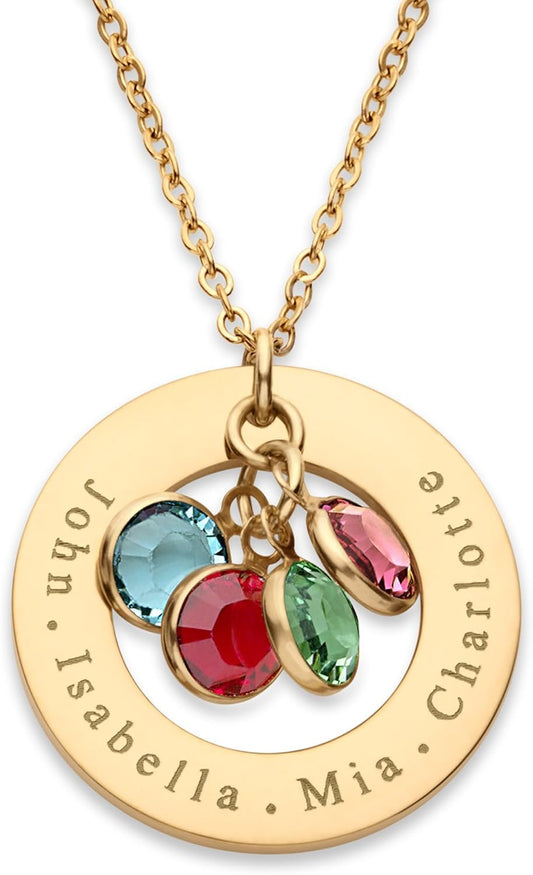 Birthstone Necklace for Mom 1 to 5 Kids Names and Birth Month Stones, Custom Family Jewelry for Women, Personalized Birthday Day, Mother's Day Gift for Wife Girlfriend, Grandma, 18k Gold Plated