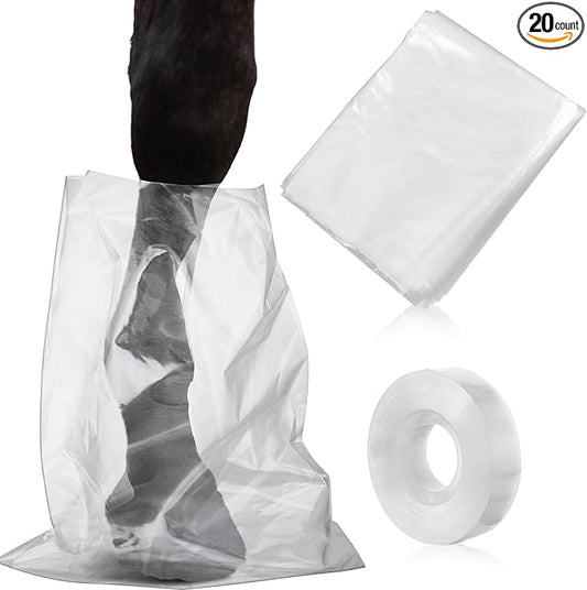 20 Pcs Disposable Soak Boot Hoof with 1 Roll of Adhesive Tape Horses Soaking Boot Bag Equine Soaker Sack for Thrush Bacterial Infection Treating Hooves Care Liquid Treatment Equine Donkey Draft