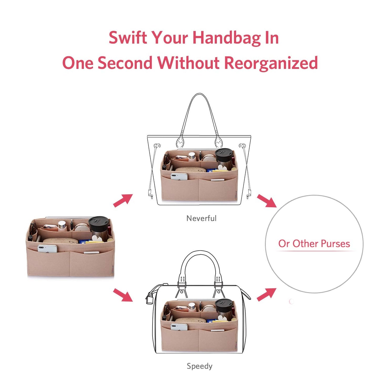 ZTUJO Felt Purse Organizer, Multi Pocket Bag in Bag Organizer For Tote & Handbag Shaper, Speedy 30, Speedy 35 and Speedy 40 (Medium, Beige)