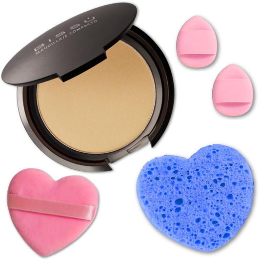Beetbul Makeup & Exfoliation Kit - Bissú Compact Powder + 1 Medium Velvet Puff + 2 Finger Puffs + 1 Facial Exfoliating Sponge (11 Almond, One Size)
