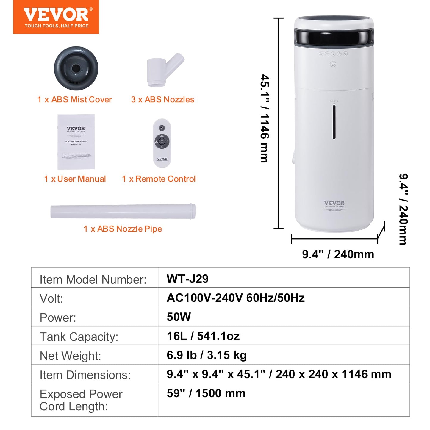 VEVOR Humidifier for Home Large Room, Commercial Humidifier for Whole House 1291.7 sq ft, 16L Water Tank & Night Light & 12h Timer & Auto Shut-Off, Greenhouse, Commercial Branch Tube w/ 360° Nozzle
