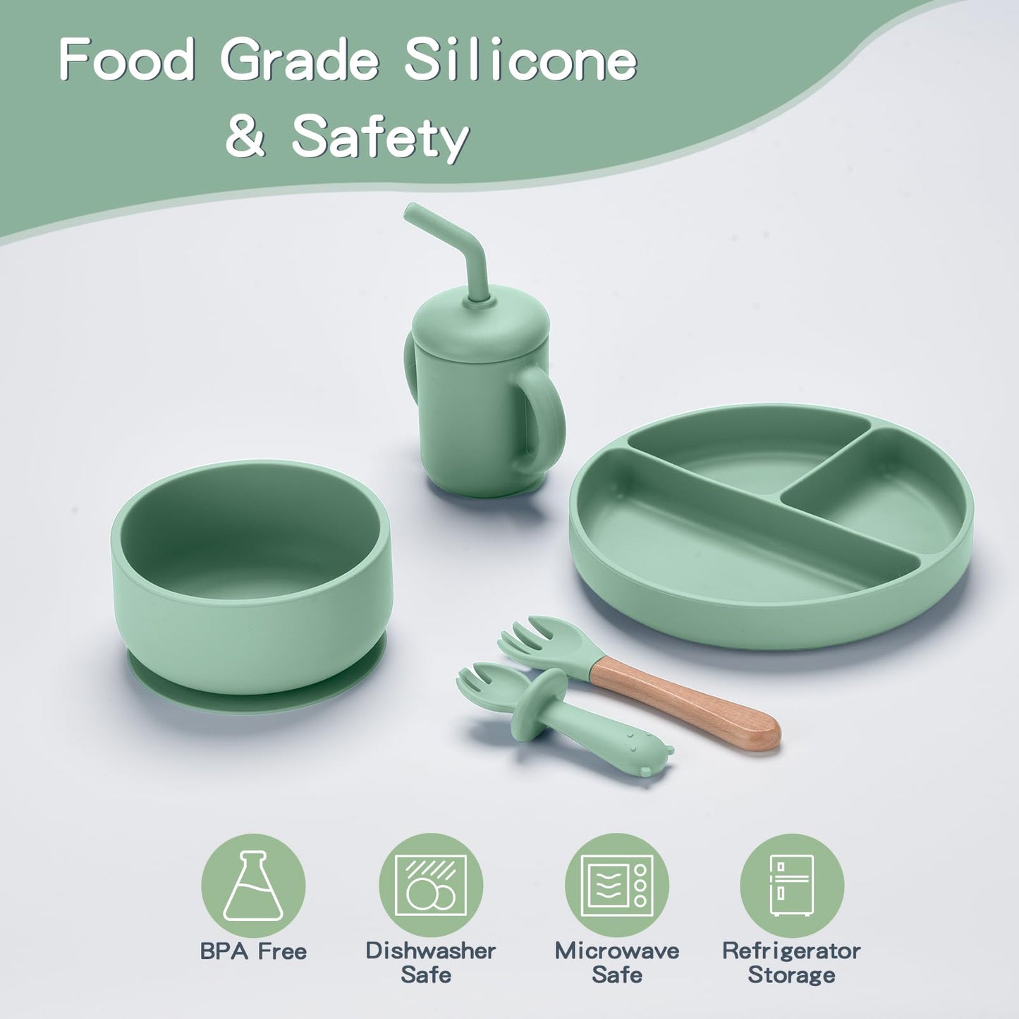 Silicone Baby Feeding Set,13PCS Baby Feeding Essentials with Suction Bowl and Plate,Spoons & Forks,Bib & Cup,Baby Toothbrush,Baby Led Weaning Supplies for 6+ Months,Baby Eating Essentials(Light Green)