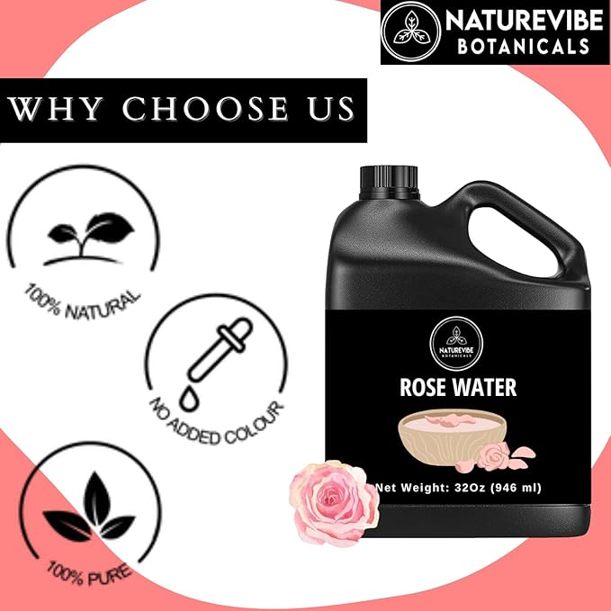 Naturevibe Botanicals Pure Rose Water Toner 32 oz Hydrating Facial Mist & Hair Spray | 100% Natural, Alcohol-Free Skin Care & Makeup Setting Spray