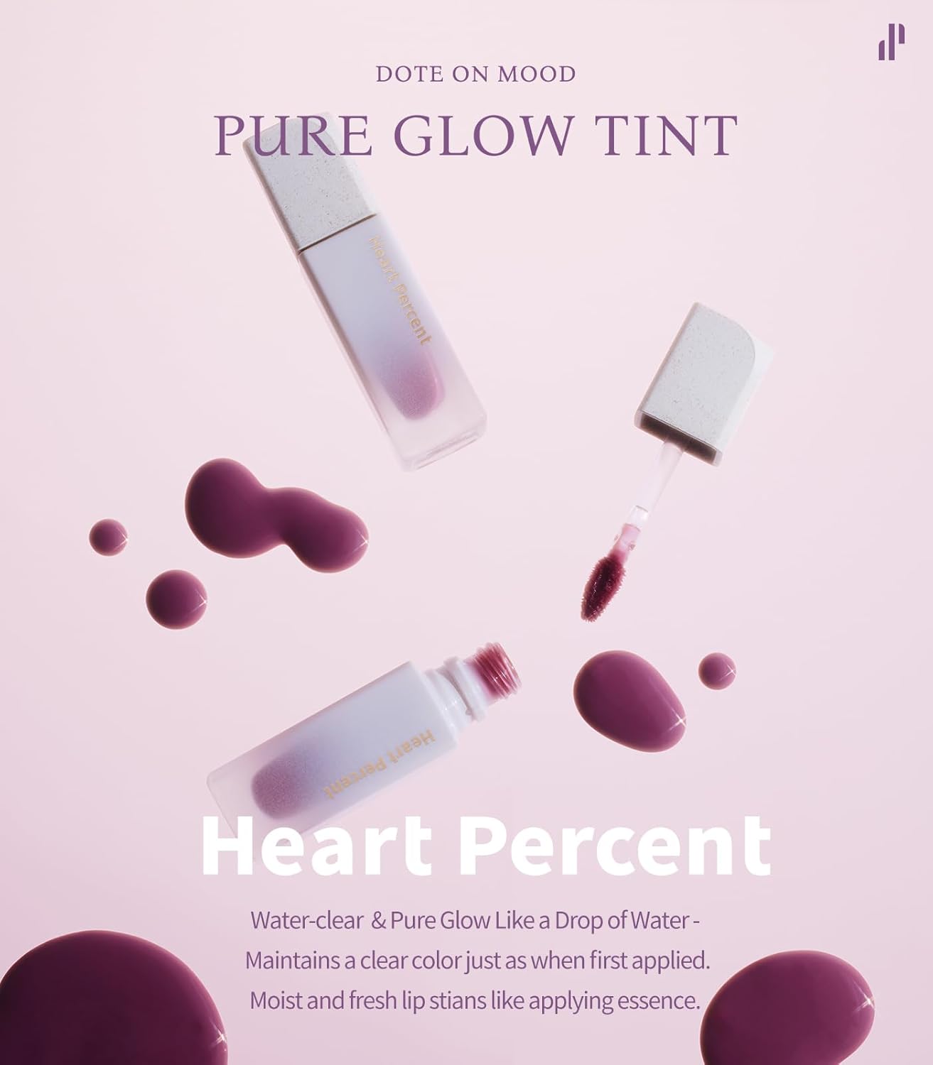 Heart Percent Dote On Mood Pure Glow Tint, Watery & Lightweight Moisturizing Lip Stain Long Lasting Liquid Lipstick 6.8g, #10. Fuchsia Pink