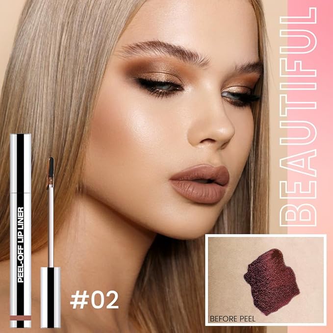 2 Pcs Matte Liquid Lip Stain Peel Off Lip Liner, Long Lasting Lip Tattoo, Waterproof & Transfer-Proof Lip Liner Peel Off Lip Gloss for All Skin Types. 0.12 fl oz #02+#03