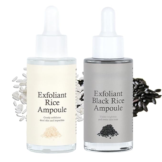 Rice Exfoliating Ampoule Set, White Black Rice Exfoliant Serum, Body and Face Exfoliator, Peeling Ampoule & Dead Skin Remover - Gentle Peel and Pore Minimizing & Deep Hydration
