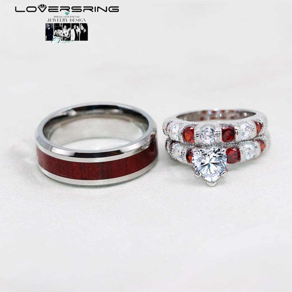 LOVERSRING Two Rings His and Hers Wedding Ring Sets Couples Rings White Gold Plated Stainless Steel Wedding Engagement Ring Bridal Sets Men's Tungsten Carbide Band