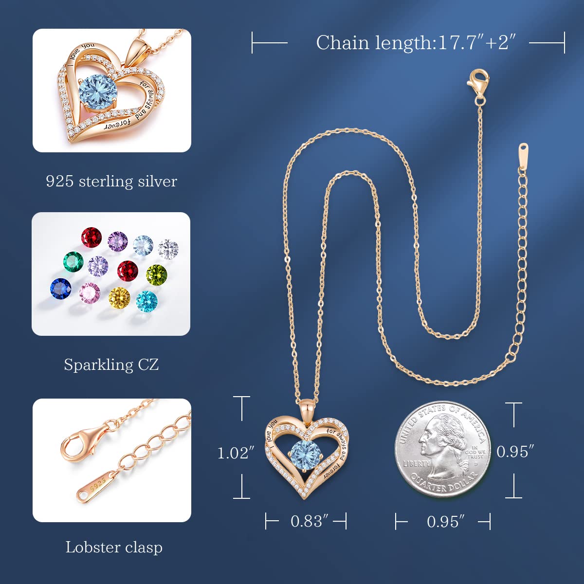 CDE Valentine's Day Gift Forever Love Heart Necklaces for Women, Wedding Anniversary, Birthday Mothers Christmas Day Gifts for Mom, Mother, Wife, S925 Silver Jewelry with Birthstone Pendant