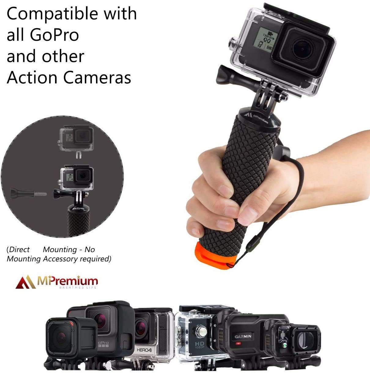 Floating Hand Grip Waterproof Monopod for GoPro Hero 13 12 11 10 9 8 7 6 5 4 3+ Session Black Silver Action Camera Handler & Handle Mount Accessories for Underwater Snorkeling & Water Sports (Orange)