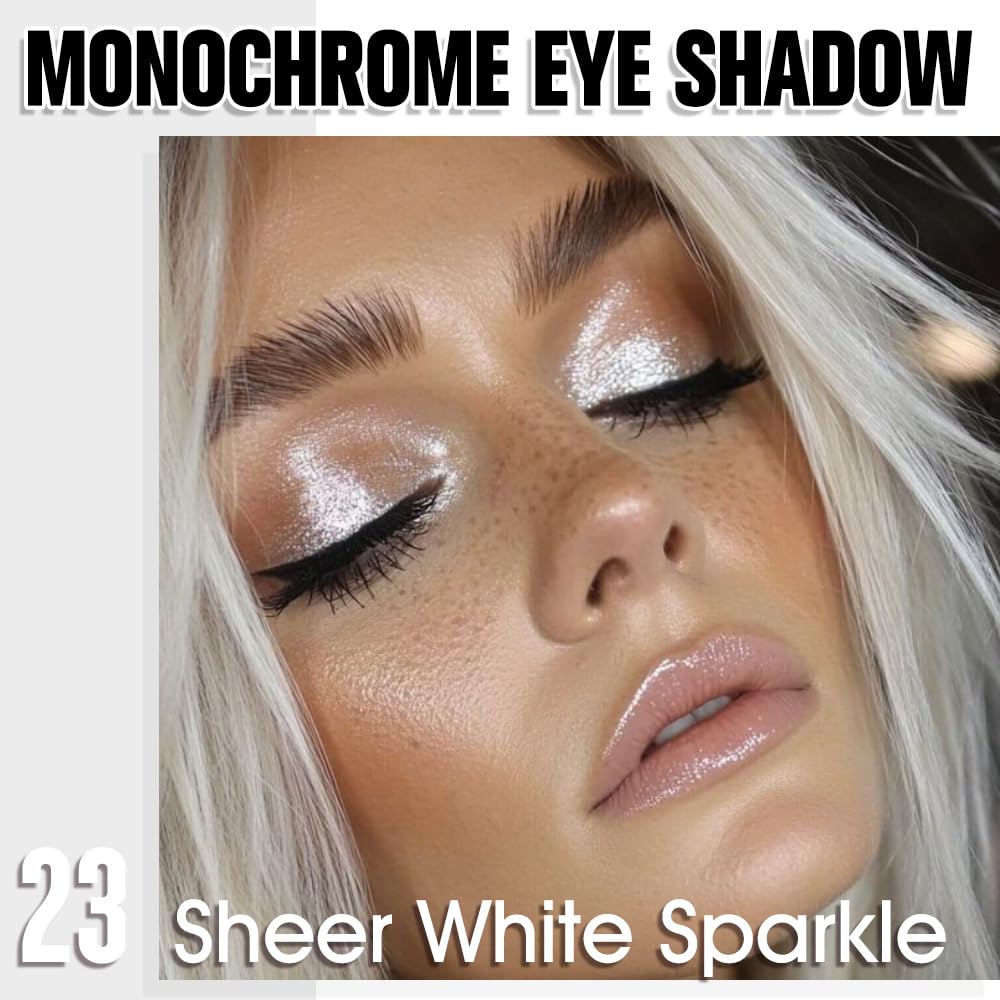 Single Glitter Shimmer Sparkle Eye shadow Palette Makeup, Sheer White Sparkle Eyeshadow for Women, Pigmented Waterproof Sombras Para Ojos, Vegan, Talc, Paraben & Cruelty Free, 23