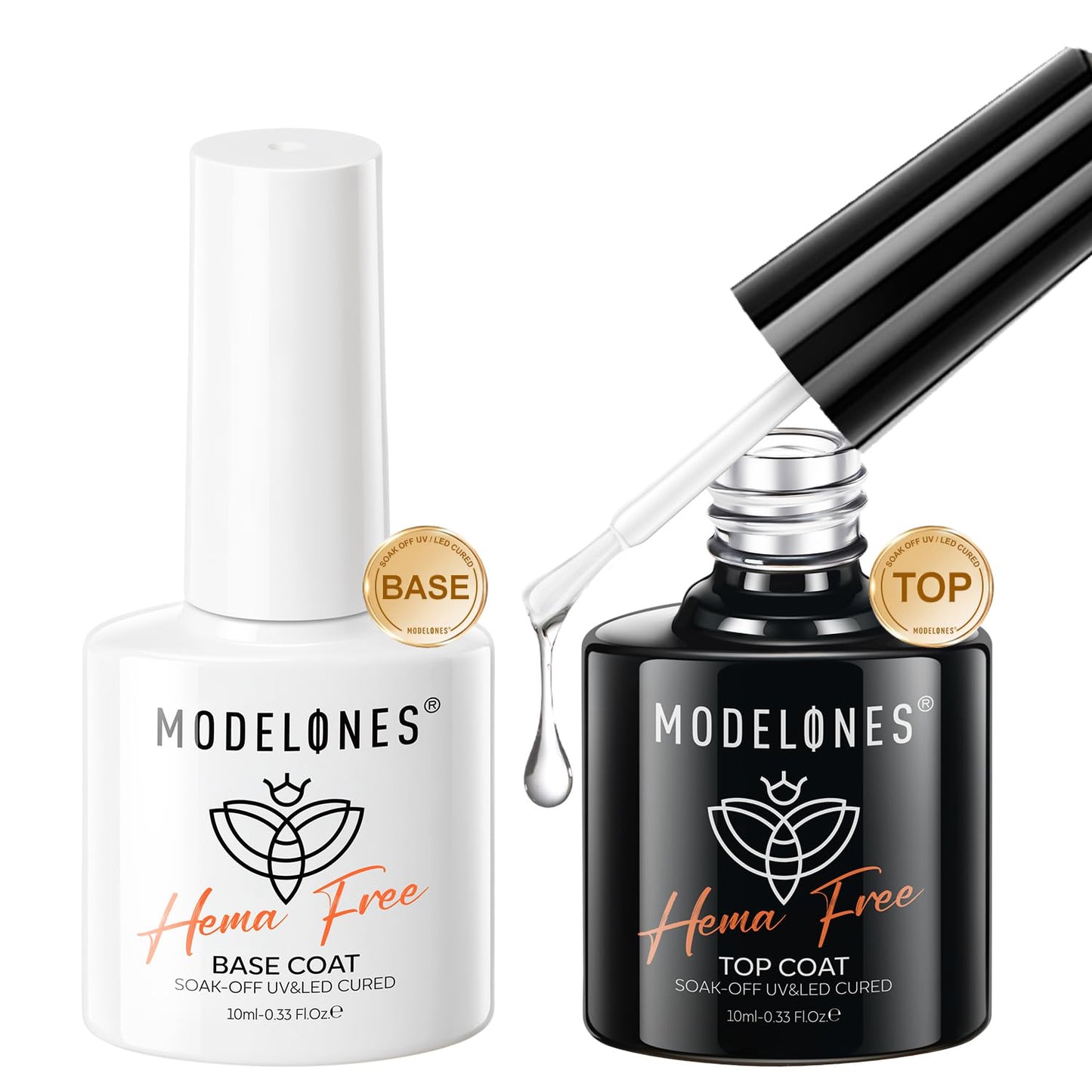 modelones No Wipe Gel Top Coat and Base Coat Set, 2 Pcs Clear Glossy Hema Free Base Top Coat Gel Nail Polish Long Lasting for Fall Nail Polish, Acrylic Nails Soak Off Nail Lamp Nail Art Home Salon