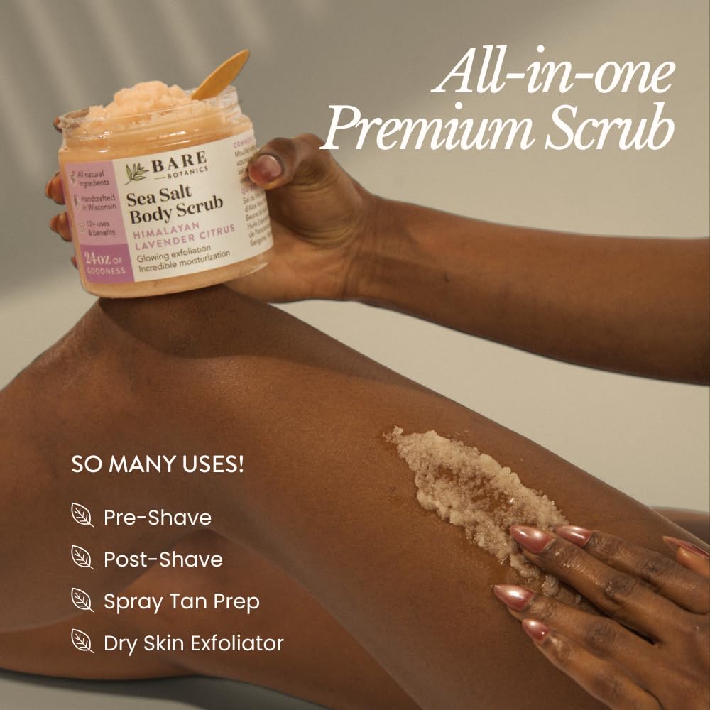 Bare Botanics Lavender Grapefruit Body Scrub 24 oz - Naturally Scented Himalayan Salt Scrub Made in Madison WI - Formulated w/Skin Loving Moisturizers - Cruelty Free Exfoliator w/a Cute Wooden Spoon