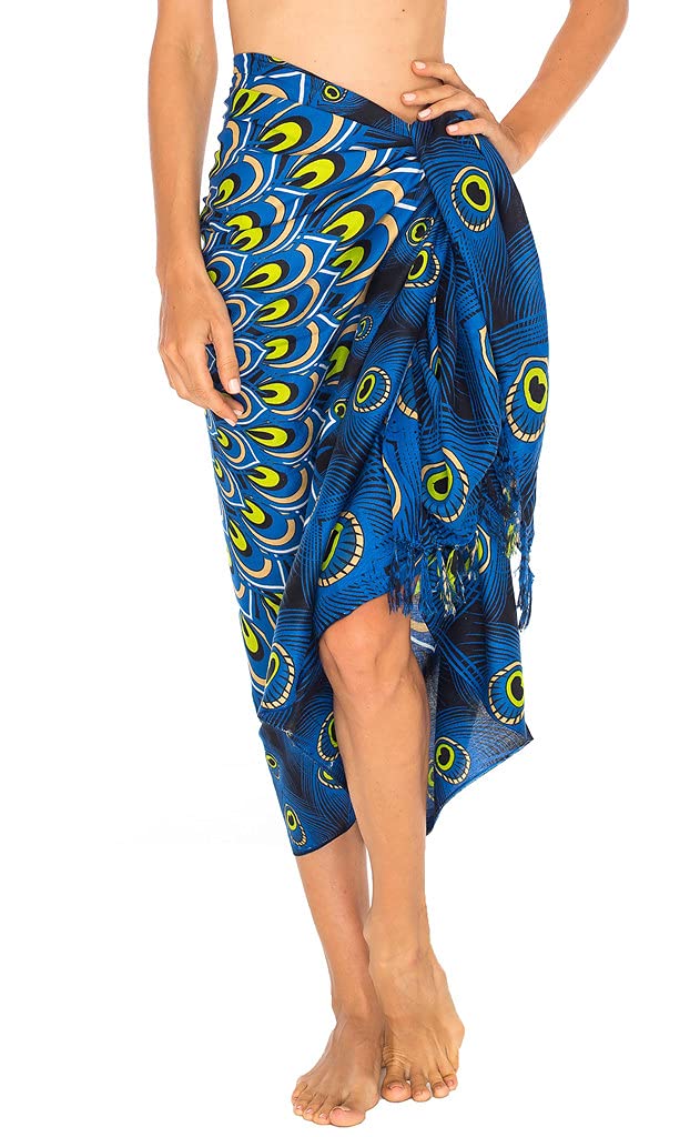 SHU-SHI Womens Sarong Beach Swimsuit Cover Ups Wrap Bikini Coverup Mandala Peacock & Clip Blue