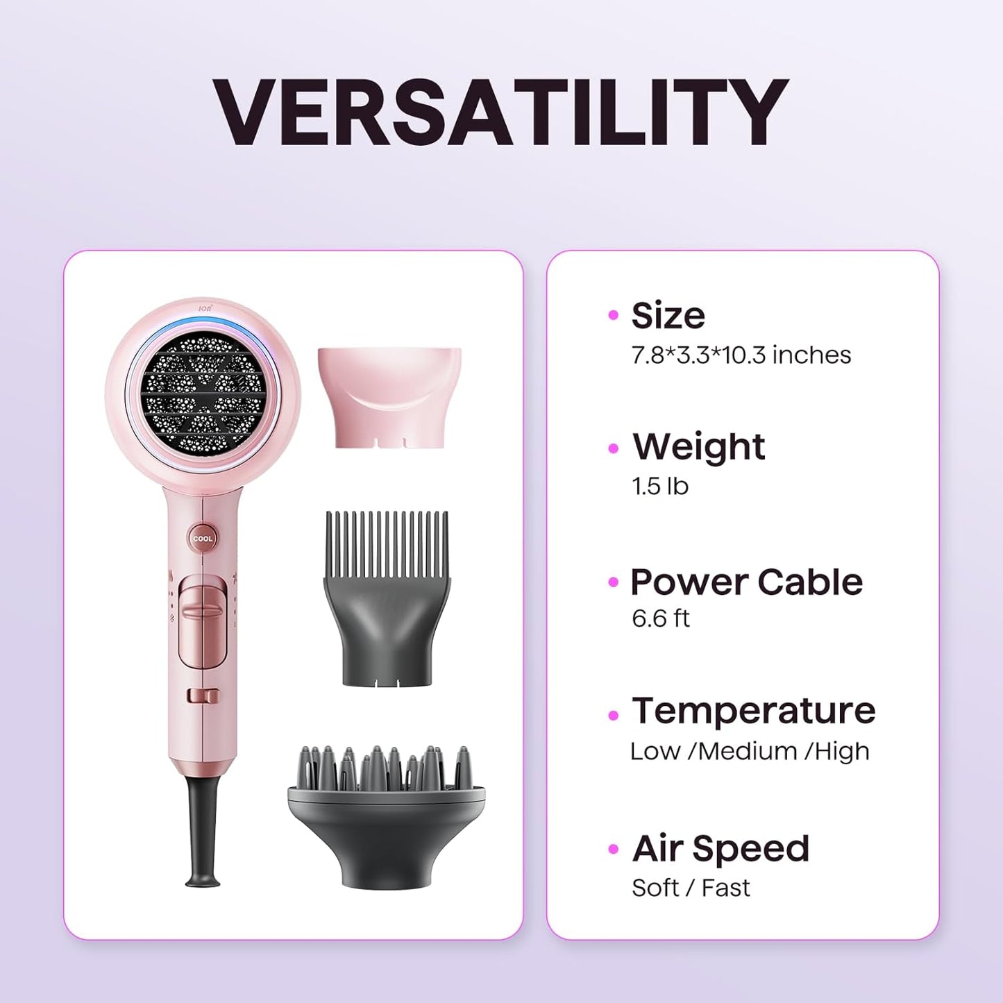 Wavytalk 1875W Ionic Hair Dryer | Lightweight & Quiet | 4 Attachments for All Hair Types