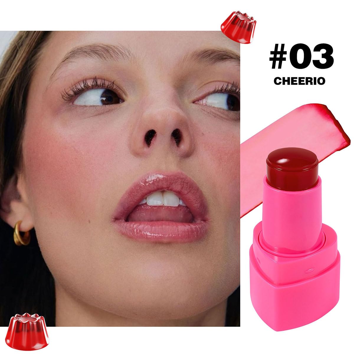 Cooling Water Jelly Tint Stick，Multi-Use Juicy Love Blush, 3-In-1cheek Blush & Eyeshadow & Lip Tinted Long-Lasting Moisture Stick，Bouncy Jelly Texture，Creates A Moist Watercolor Effect (#03, 0.32oz)
