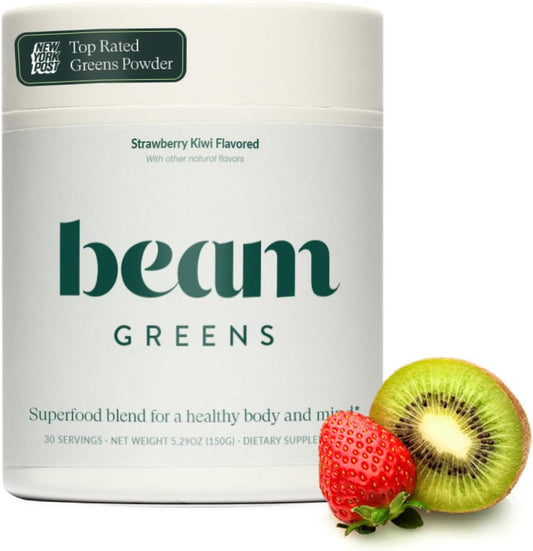 Beam Greens Powder, Superfood Supplement for Gut Health, Vegan Organic Blend with Ashwagandha, Vitamin C, B12, B6, D, Non-GMO Daily Detox & Immune Support, Strawberry Kiwi Flavor - 30 Servings