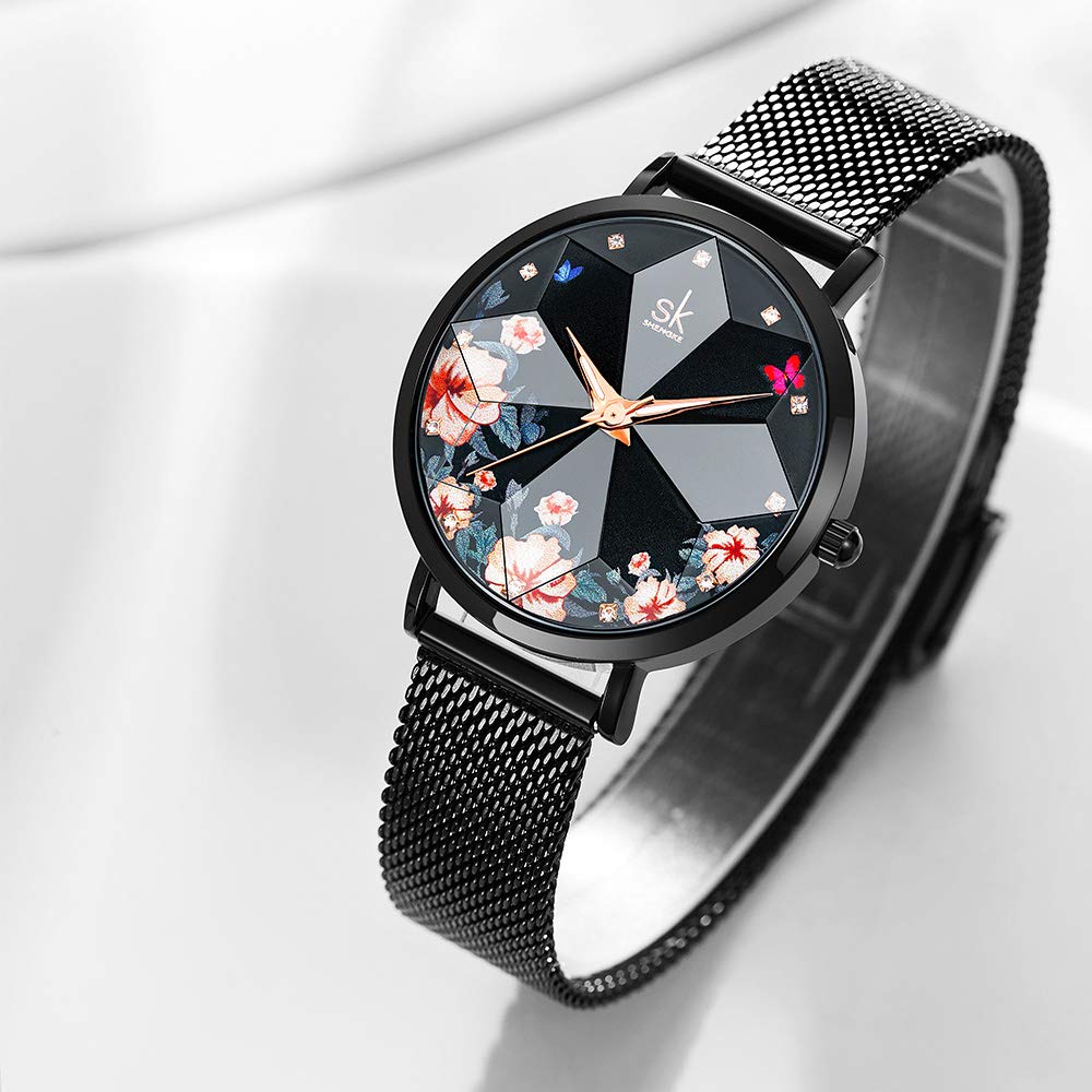SHENGKE Creative Starry Star Women Watch with Stainless Steel Mesh Band Genuine Leather Elegant Luxury Ladies Watches (Flower-Mesh Band-Black)