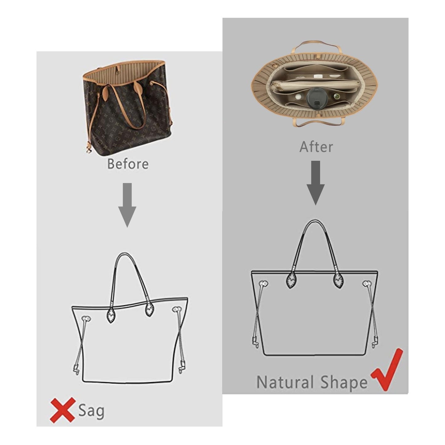 Purse Organizer Insert For Handbags, Purse Organizer With Zipper, Neverfull Organizer, Bag Organizer For Speedy Neverfull ONTHEGO Tote, Handbag and More (Silky Beige, small)
