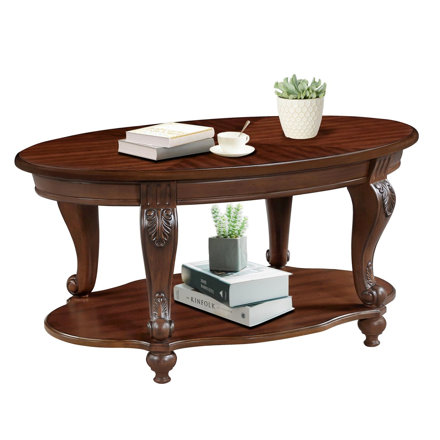 LKTART Oval Wood Coffee Tables for Living Room, Vintage Round Coffee Table with Carved Wood Legs, Tradition Elegant Coffee Table (Cherry, 42 Inch)
