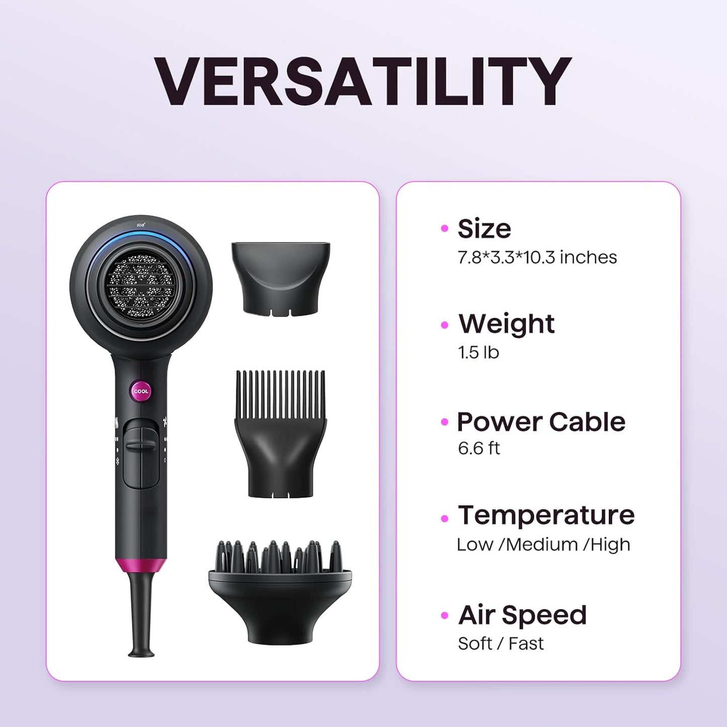 Wavytalk 1875W Ionic Hair Dryer | Lightweight & Quiet | 4 Attachments for All Hair Types