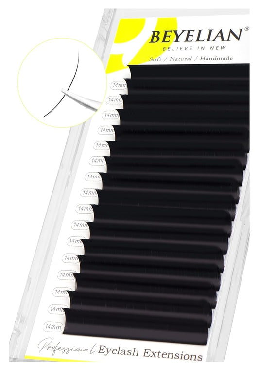 BEYELIAN Eyelash Extension Natural Matte Black 0.05 C Curl 14mm Tray Easy Fan Lash Extensions Volume Lashes 100°/212°F High Temperature Resistant Classic Professional Use (0.05 C 14mm)