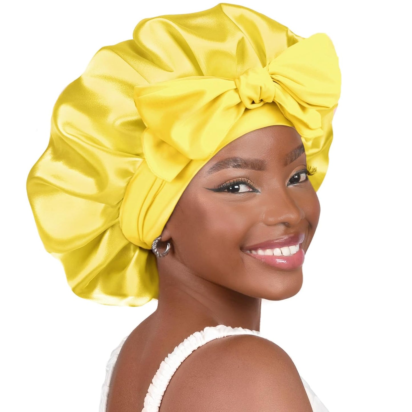 Silk Sleeping Bonnet for Women | Double Layer Satin Lined | Curly Hair | Yellow