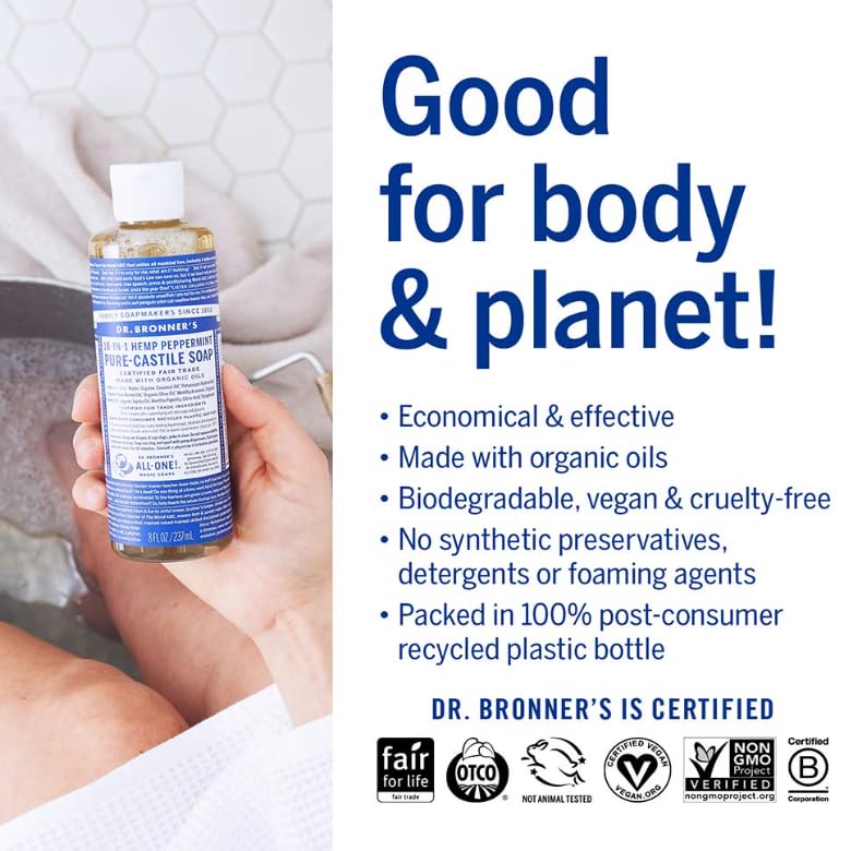 Dr. Bronner's Pure-Castile Liquid Soap | Peppermint 64 Oz | Vegan & Organic