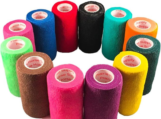 3 Inch Vet Wrap Tape Bulk (Assorted Colors) (Pack of 12) Self Adhesive Adherent Adhering Flex Bandage Grip Roll for Dog Cat Pet Horse