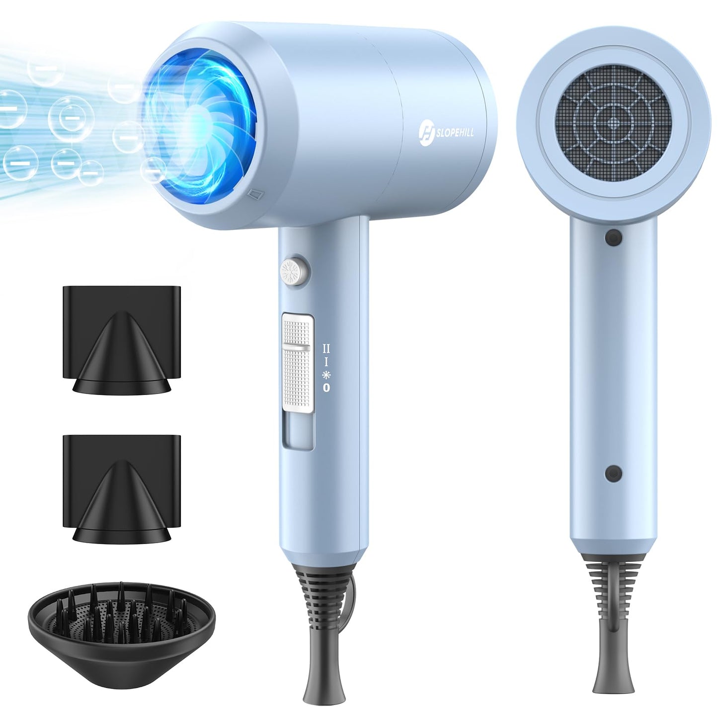 slopehill Professional Ionic Hair Dryer, Powerful 1800W Fast Drying Low Noise Blow Dryer with 2 Concentrator Nozzle 1 Diffuser Attachments for Home Salon Travel (Matte Blue)
