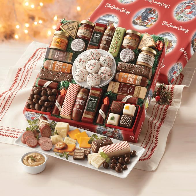 The Swiss Colony 27 Favorites Food Gift Set, Summer Sausage Meats and Cheeses, Assorted Chocolates, Candies, Petits Fours, Cheese & Charcuterie Board Gifts Basket, Holiday, Christmas - Holiday Red Box