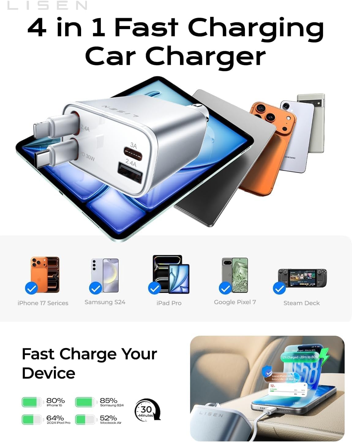 LISEN Retractable Car Charger for iPhone 17 Pro Max, Retractable Car Charger, Cute Girly Car Accessories for Women, Valentines Day Gifts for Men Women, fit iPhone 16 15 14 Samsung Galaxy