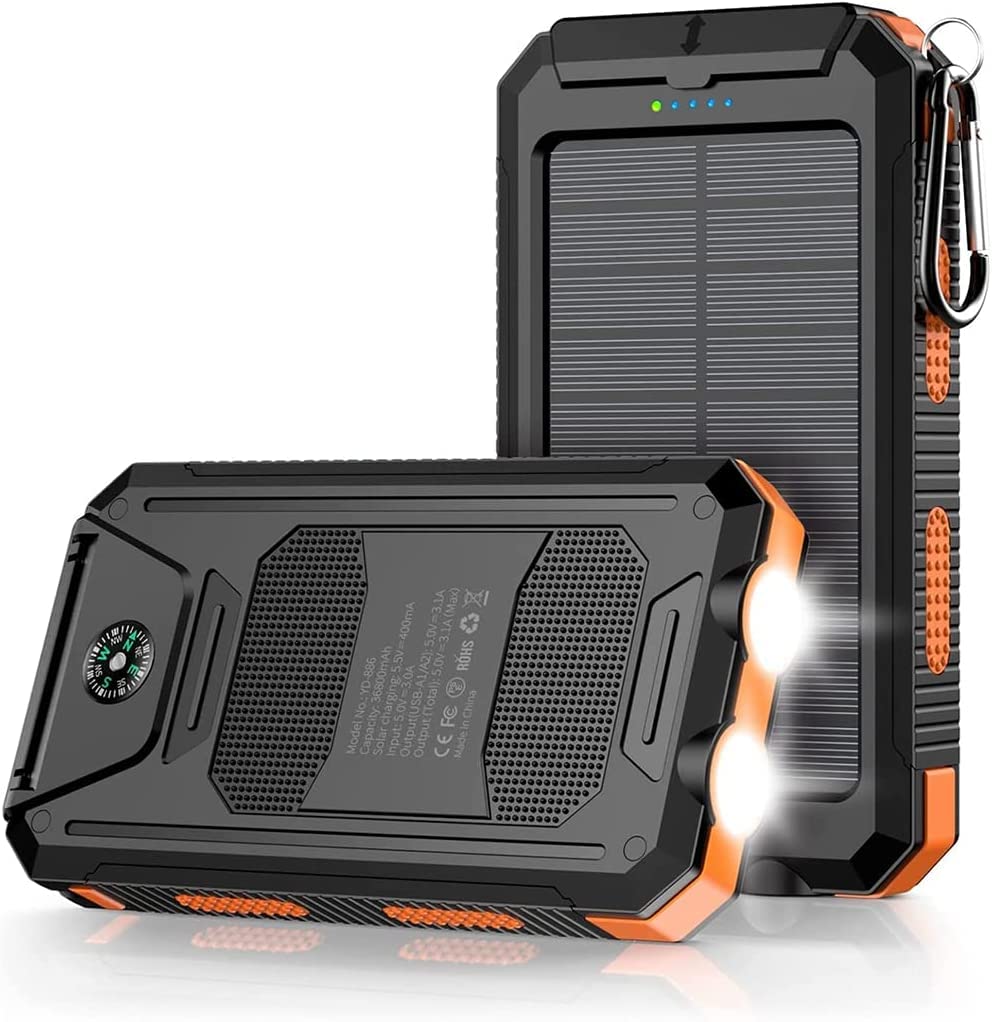 Power Bank,Solar Charger,36800mAh 5V3.1A QC 3.0 Dual 2 USB Port Built-in Powerful Flashlight IPX7(Black)