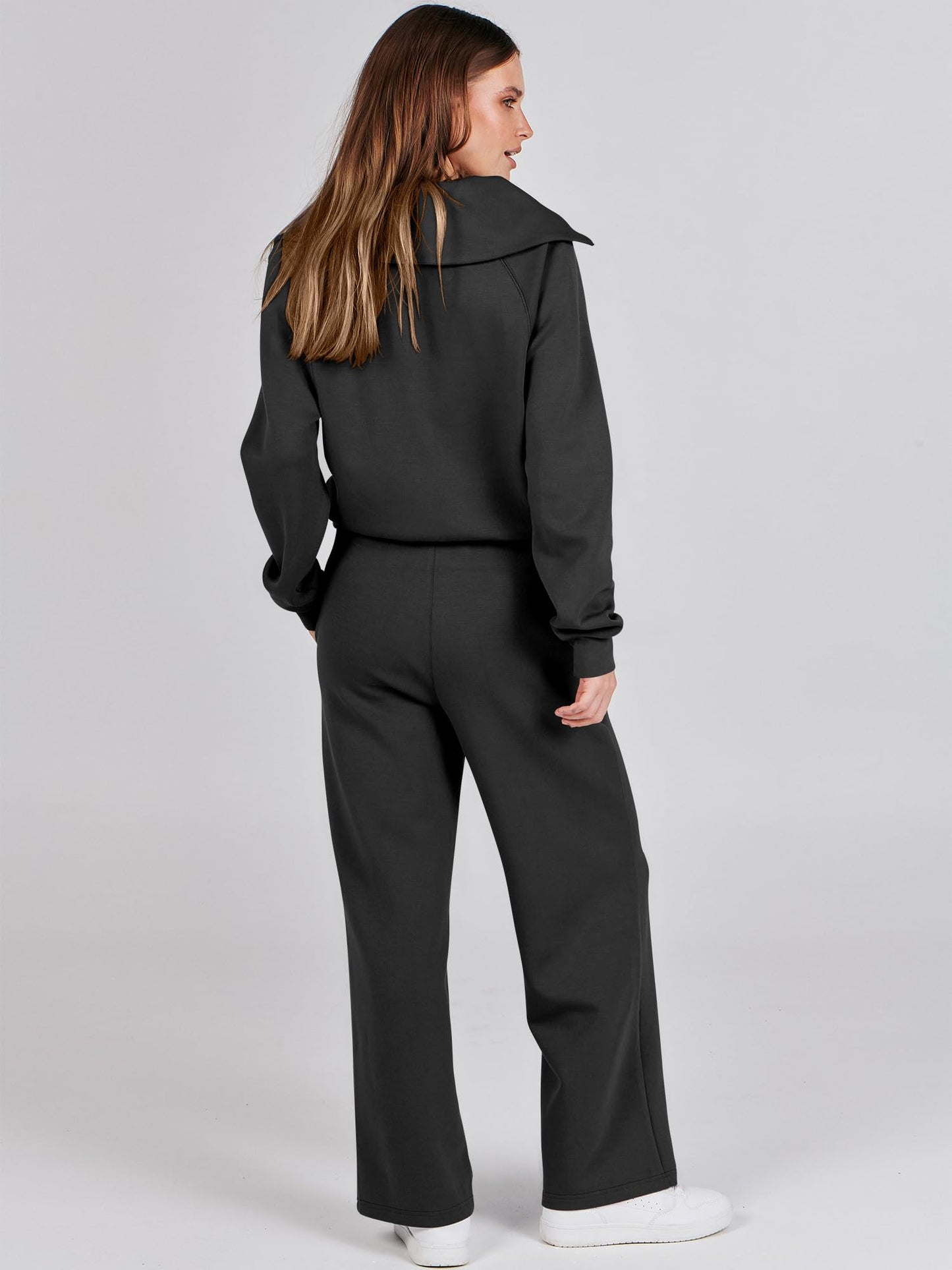 ANRABESS Women 2 Piece Outfits 2025 Fall Fashion Airport Wide Leg Pants Lounge Set Leisure Travel Vacation Clothes Sweatsuits Black Medium