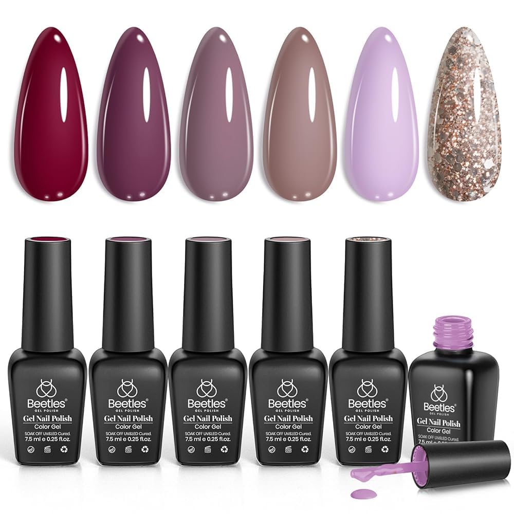 Beetles Purple Gel Nail Polish - 6 Colors Burgundy Red Lilac Glitter Mauve Gel Polish Set Soak Off Uv LED Nail Art Manicure Salon DIY at Home Gifts for Women