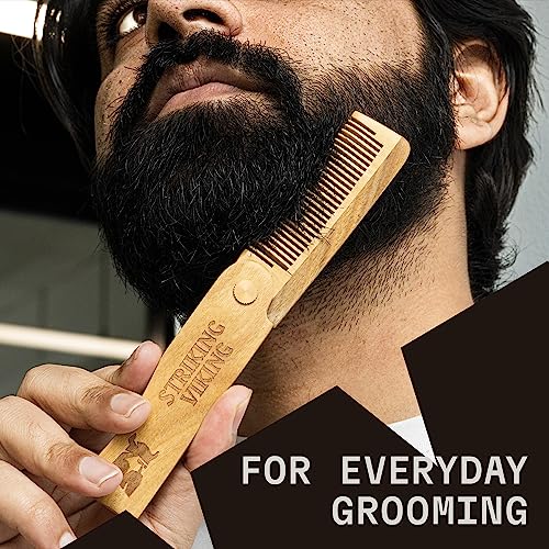 Striking Viking Folding Wooden Comb for Men - Sandalwood Switchblade Beard Comb for Grooming and Styling - Use Dry or With Oils & Balms
