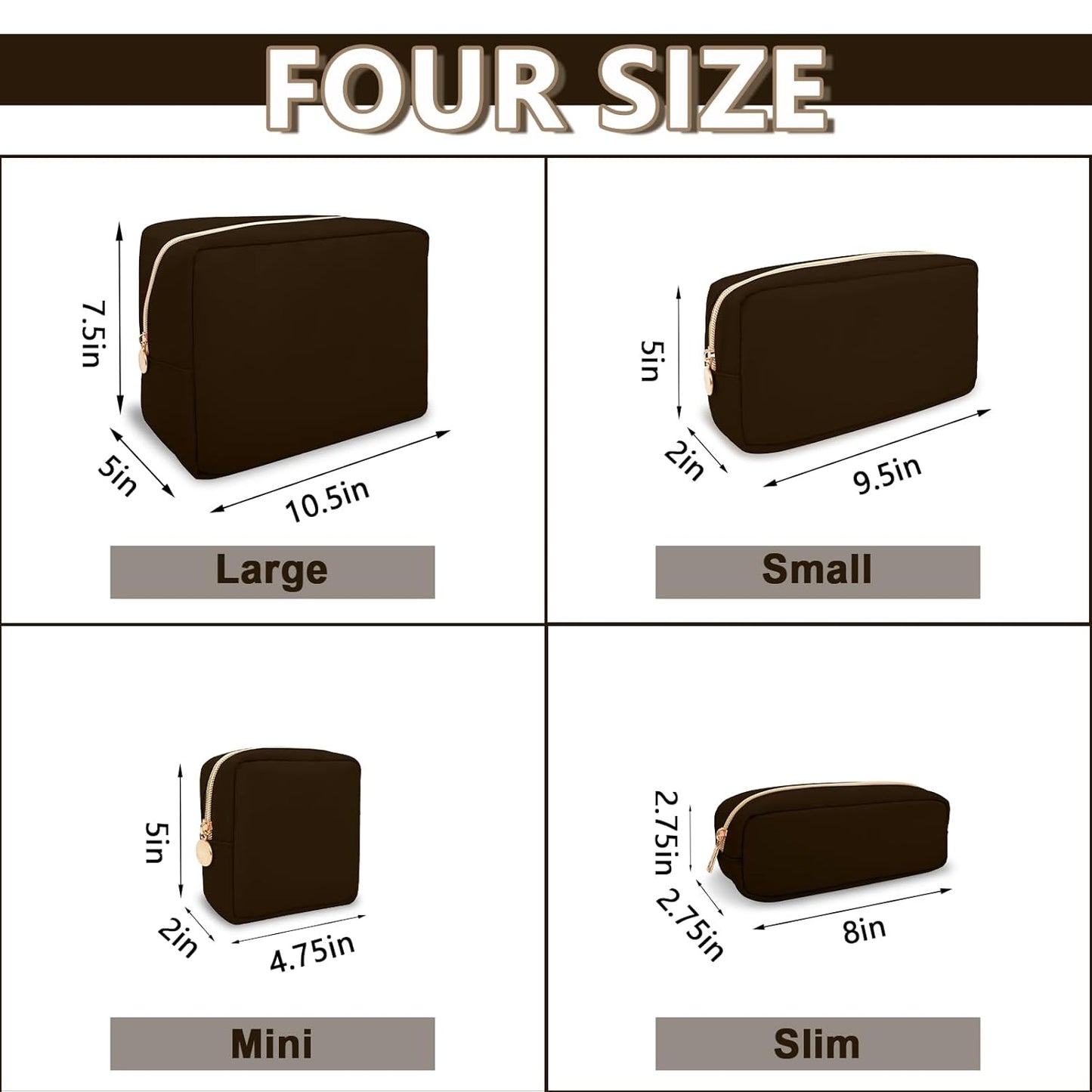 Large Makeup Bag Pouch,Nylon Women Travel Toiletry Storage Bag Preppy Cosmetic Bag for Girls,Big Makeup Organizer Bag Cute Zipper Pouch Skincare Bag for Sport Work Gift(Large-Chocolate)