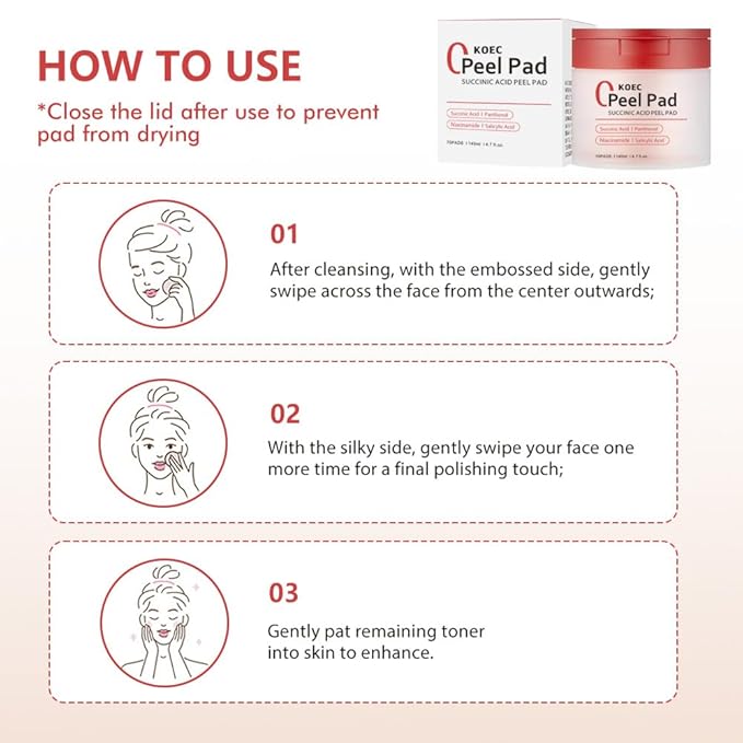 Succinic Acid Peel Pads 2.0, Dual-Textured Facial Toner Pads with AHA/BHA,Gentle Exfoliating Toner 𝐏ad- 70 Count (Red)