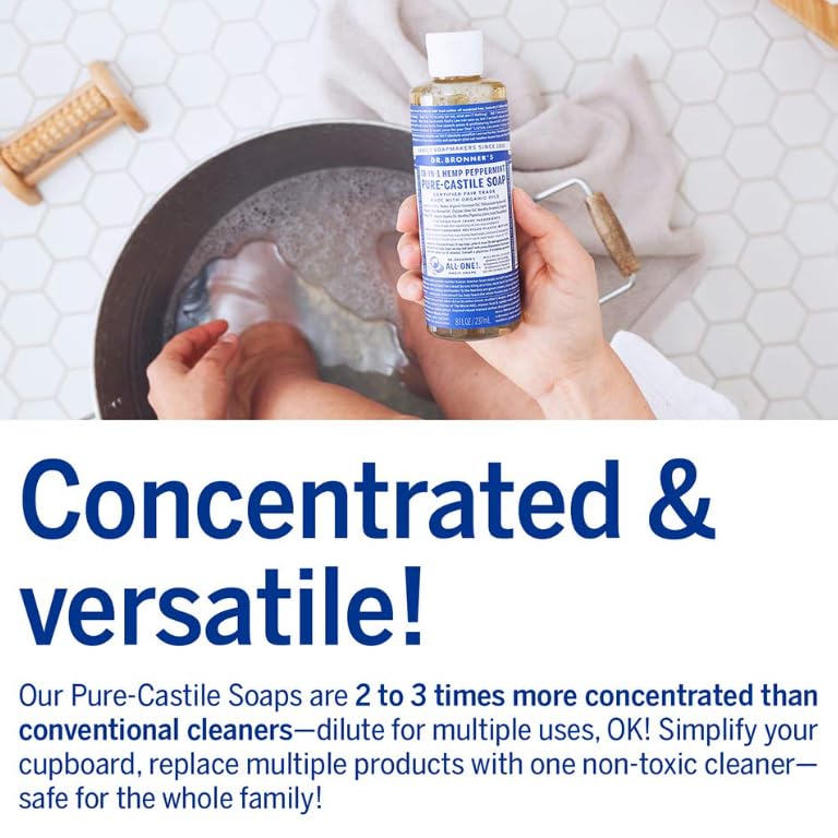 Dr. Bronner's Peppermint Pure-Castile Soap | 8 Oz Organic Liquid | Vegan & Multi-Use